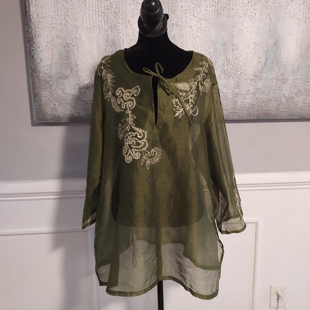 CHICO'S Embroidered Semi-Sheer Silk and Cotton blend Tunic Top Sz 3/XL - Picture 5 of 7